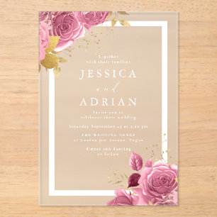Invitaciones Acrílicas Boda floral con marco de color rosa y dorado