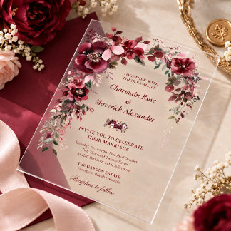 Invitaciones Acrílicas Boda floral con toque de borgoña