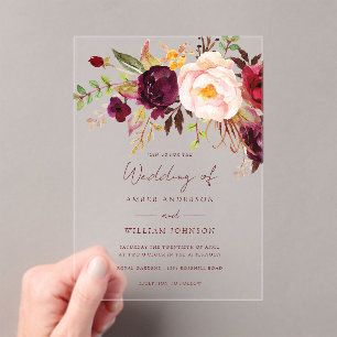 Invitaciones Acrílicas Boda floral con toque de rubor de Borgoña