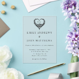 Invitaciones Acrílicas Boda Floral Corazón Blanco Negro Moderno Dibujado 
