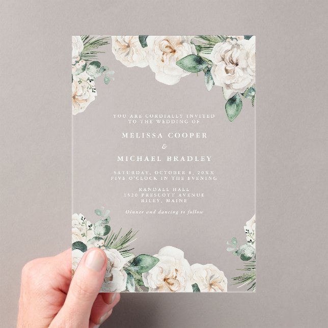 Invitaciones Acrílicas Boda floral de acuarela blanca rusa (Insitu (portátil))