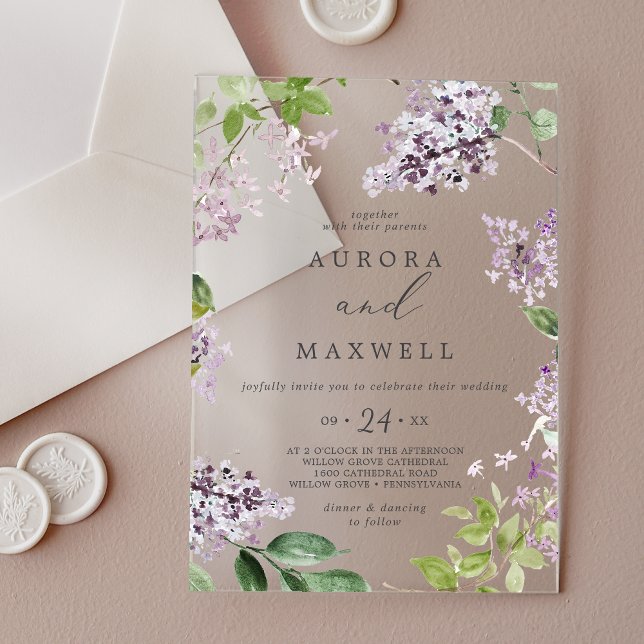 Invitaciones Acrílicas Boda floral de acuarela moderna de Boho Lilac Rúst (Rustic Lilac Modern Boho Watercolor Floral Wedding Acrylic Invitations)