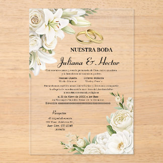 Invitaciones Acrílicas Boda floral de acuarela moderna en oro blanco 