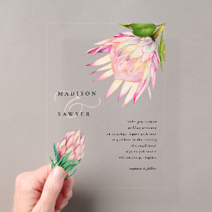 Invitaciones Acrílicas Boda floral de acuarela rosa King Protea