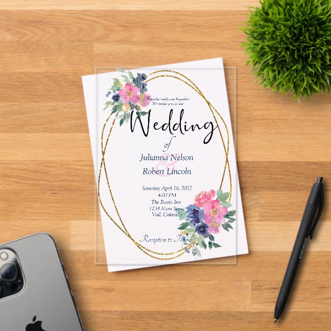 Invitaciones Acrílicas Boda floral de acuarela rosa y azul (Insitu (Tarjeta de Invitación))