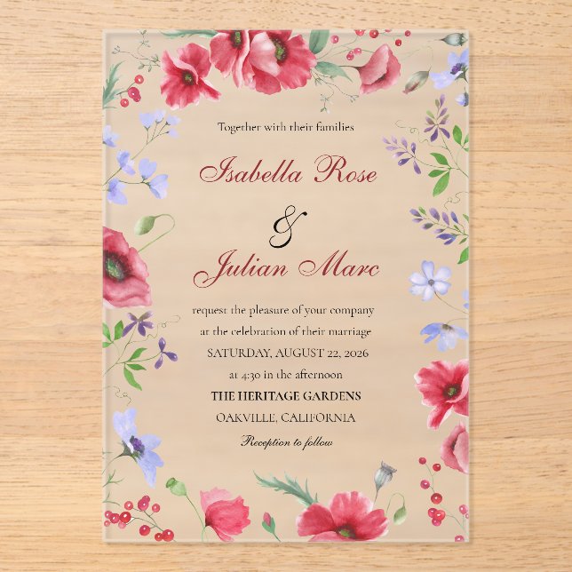 Invitaciones Acrílicas Boda floral de amapola y lavanda con acuarela roja (Anverso)