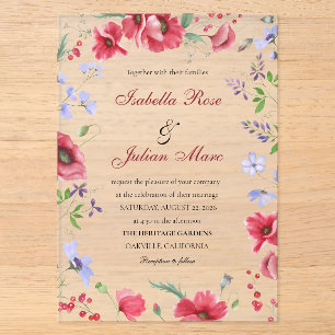 Invitaciones Acrílicas Boda floral de amapola y lavanda de acuarela roja