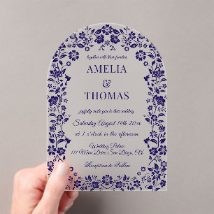 Invitaciones Acrílicas Boda Floral de Arte Popular Azul