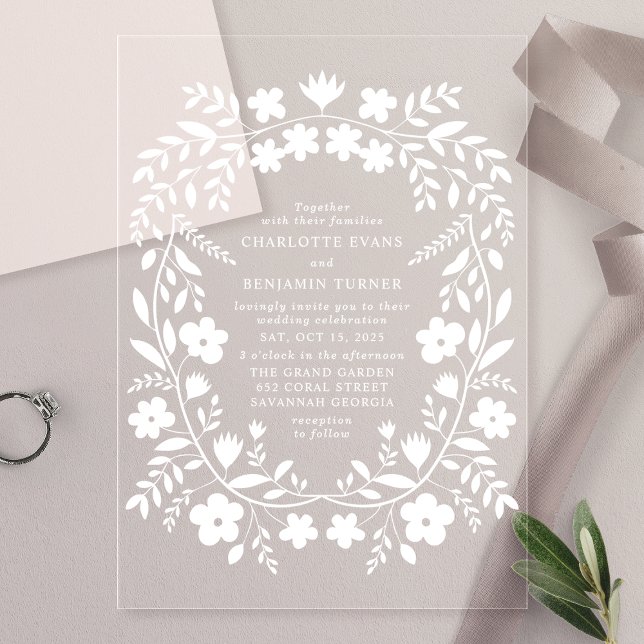 Invitaciones Acrílicas Boda Floral de Arte Popular Blanco (Subido por el creador)