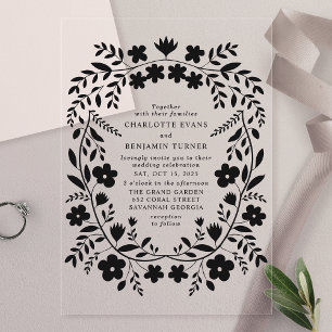 Invitaciones Acrílicas Boda floral de arte popular negro