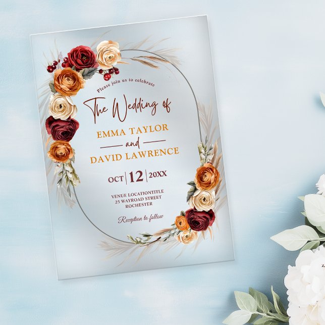 Invitaciones Acrílicas Boda floral de barro naranja de otoño con estilo   (Subido por el creador)