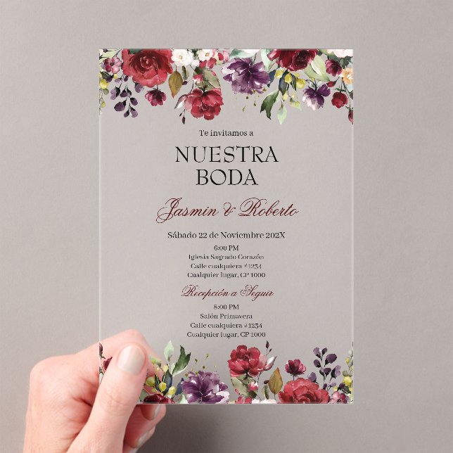 Invitaciones Acrílicas Boda floral de Borgoña (Insitu (portátil))