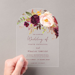 Invitaciones Acrílicas Boda floral de borgoña sonrosada  