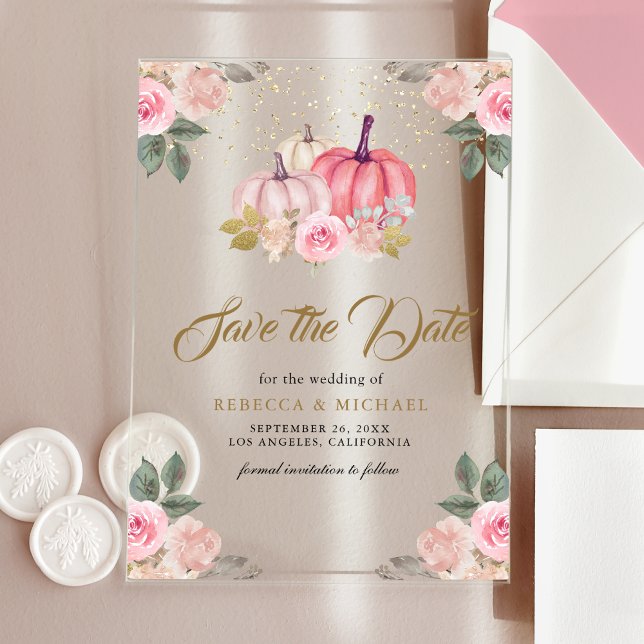 Invitaciones Acrílicas Boda floral de calabaza de oro rosa salva la fecha (Subido por el creador)