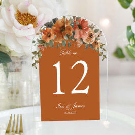 Invitaciones Acrílicas Boda Floral de cobre Naranja quemada Número de tab