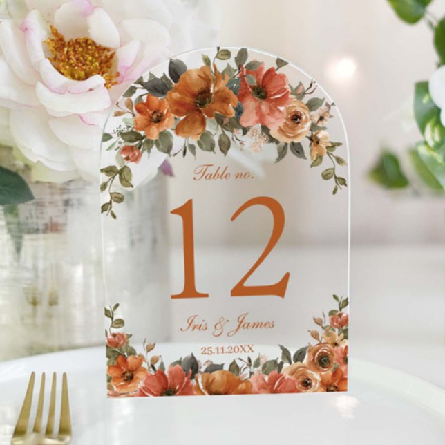 Invitaciones Acrílicas Boda Floral de cobre Naranja quemada Número de tab (Subido por el creador)