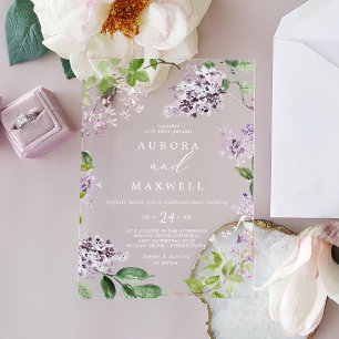 Invitaciones Acrílicas Boda floral de color acuático lilac blanco boho ru