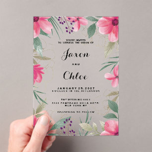 Invitaciones Acrílicas Boda floral de color acuático rosa brillante dorad