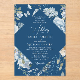 Invitaciones Acrílicas Boda floral de color azul turbio y romántico