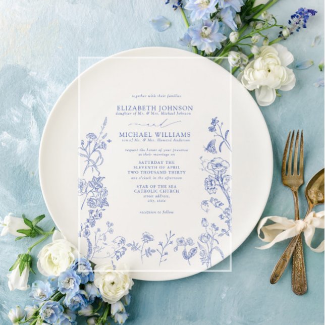 Invitaciones Acrílicas Boda floral de estilo formal Chinoiserie azul vict (Subido por el creador)
