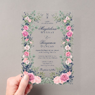 Invitaciones Acrílicas Boda floral de eucalipto azul marino rosa
