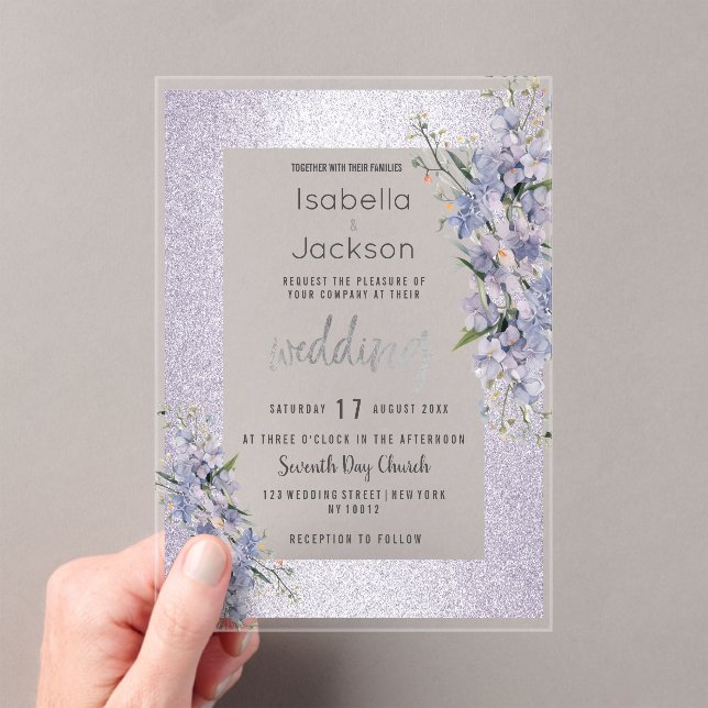 Invitaciones Acrílicas Boda floral de flores silvestres purpurina Lavende (Insitu (portátil))