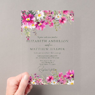 Invitaciones Acrílicas Boda floral de flores silvestres rosa brillante el