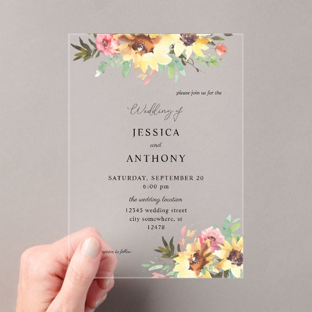 Invitaciones Acrílicas Boda floral de girasol de verano (Insitu (portátil))