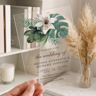 Invitaciones Acrílicas Boda floral de hojas tropicales en acuarela