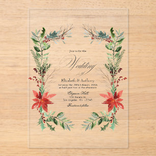 Invitaciones Acrílicas Boda floral de invierno transparente de Navidad