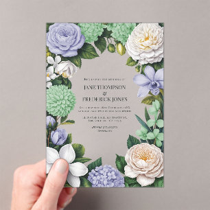 Invitaciones Acrílicas Boda floral de lavanda, verde menta y blanco