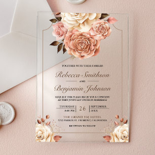 Invitaciones Acrílicas Boda floral de marfil dorado rosa boho rústica