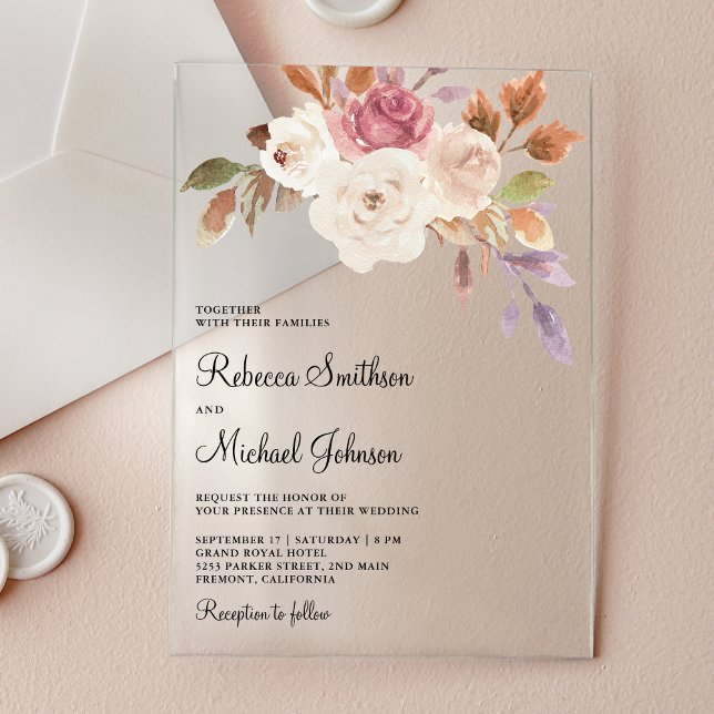 Invitaciones Acrílicas Boda floral de marfil rosa polvoriento (Subido por el creador)