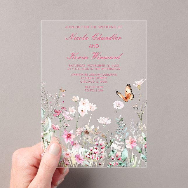 Invitaciones Acrílicas Boda floral de mariposa rosa profunda primavera (Insitu (portátil))