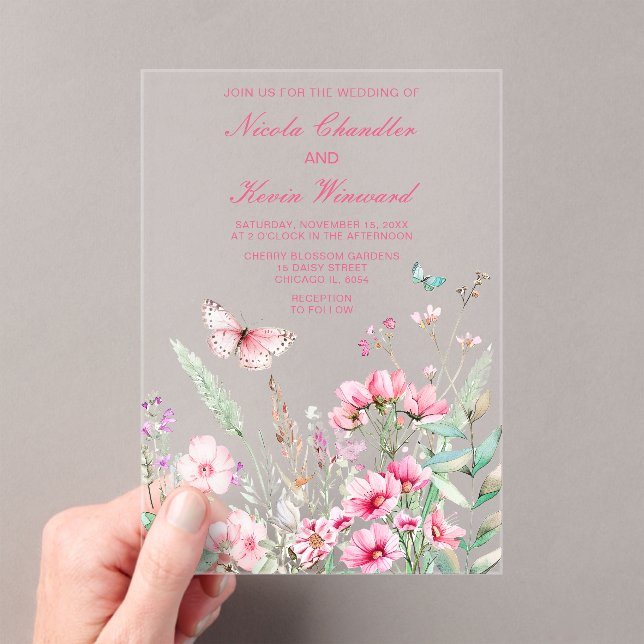 Invitaciones Acrílicas Boda floral de mariposa rosada de primavera (Insitu (portátil))