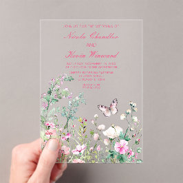 Invitaciones Acrílicas Boda floral de mariposa verde primavera