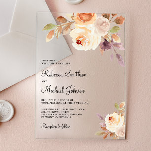 Invitaciones Acrílicas Boda floral de melocotón terroso polvoriento