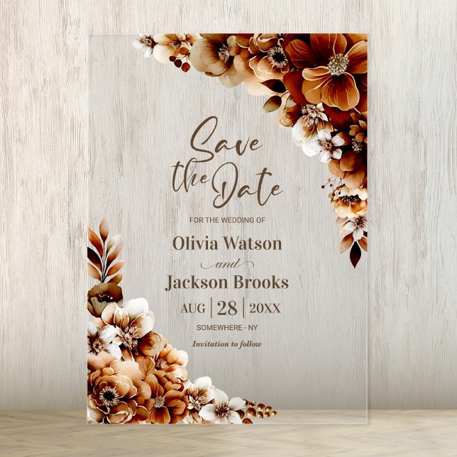 Invitaciones Acrílicas Boda floral de Naranja quemado rústico salva la fe (Subido por el creador)