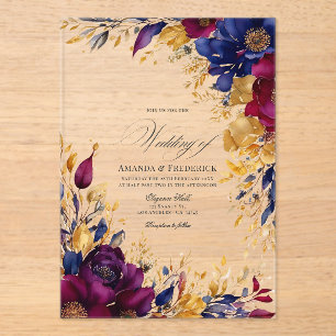 Invitaciones Acrílicas Boda floral de oro, azul marino y borgoña