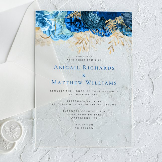 Invitaciones Acrílicas Boda floral de oro azul romántico (Subido por el creador)