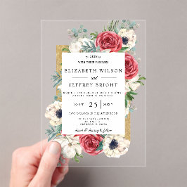 Invitaciones Acrílicas Boda floral de oro de Borgoña