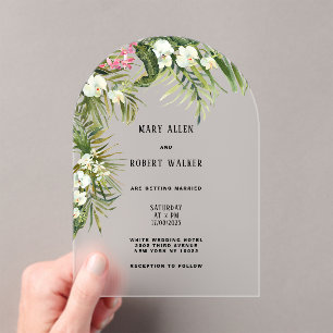 Invitaciones Acrílicas Boda floral de orquídea blanca de acuarela tropica