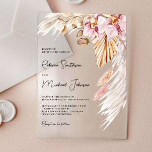 Invitaciones Acrílicas Boda floral de orquídea rosa Boho Pampas