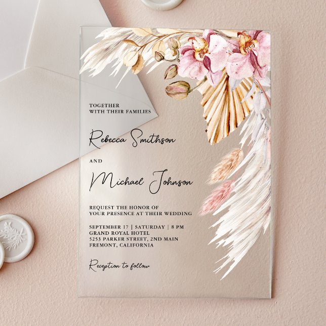 Invitaciones Acrílicas Boda floral de orquídea rosa Boho Pampas (Subido por el creador)