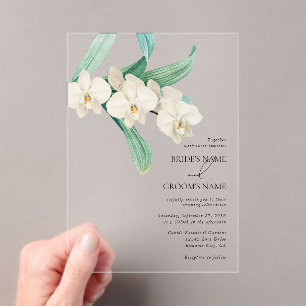 Invitaciones Acrílicas Boda floral de orquídeas blancas a la acuarela