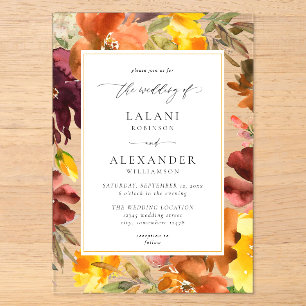 Invitaciones Acrílicas Boda floral de otoño naranja y amarillo -3