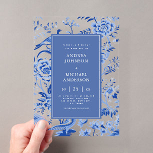 Invitaciones Acrílicas Boda floral de pavo real asiático Chinoiserie vint