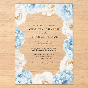 Invitaciones Acrílicas Boda floral de peonías marfil champagne azul polvo