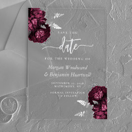 Invitaciones Acrílicas Boda floral de plata de Borgoña salva la fecha