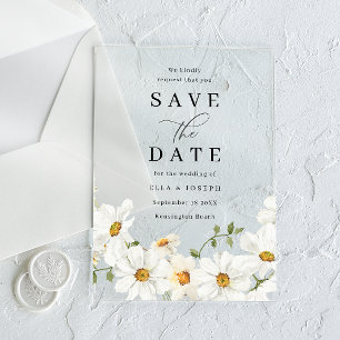 Invitaciones Acrílicas Boda Floral de Primavera Blanca Guardar la Fecha